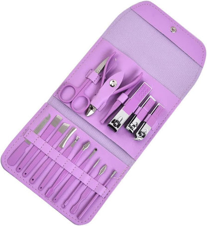 Manicure Set Professional Nail Clippers Pedicure Kit, 16 pcs Stainless Steel Nail Care Tools Grooming Kit with Luxurious Travel Leather Case for Thick Nails Men Women Gift (Violet)
