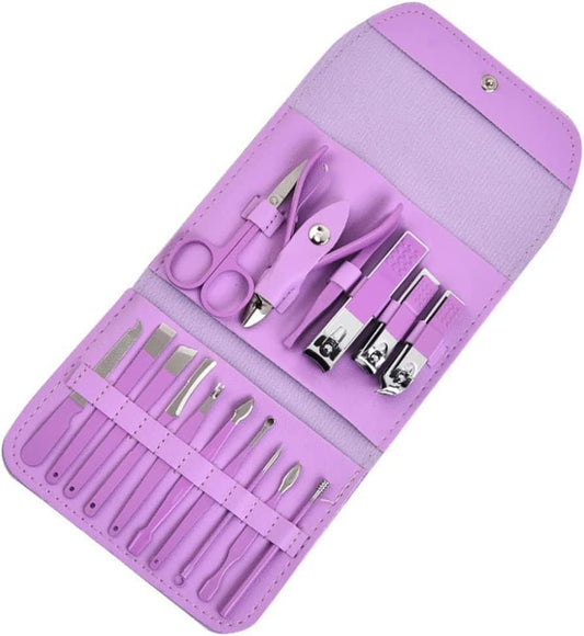 Manicure Set Professional Nail Clippers Pedicure Kit, 16 pcs Stainless Steel Nail Care Tools Grooming Kit with Luxurious Travel Leather Case for Thick Nails Men Women Gift (Violet)