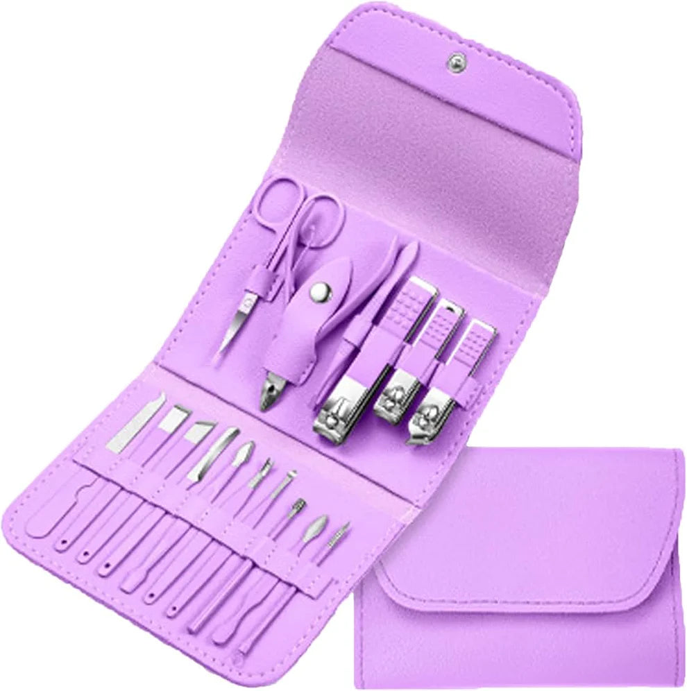 Manicure Set Professional Nail Clippers Pedicure Kit, 16 pcs Stainless Steel Nail Care Tools Grooming Kit with Luxurious Travel Leather Case for Thick Nails Men Women Gift (Violet)