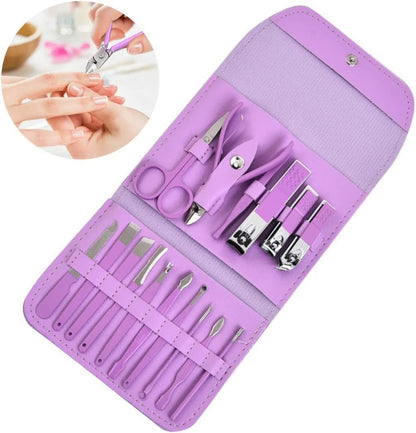 Manicure Set Professional Nail Clippers Pedicure Kit, 16 pcs Stainless Steel Nail Care Tools Grooming Kit with Luxurious Travel Leather Case for Thick Nails Men Women Gift (Violet)