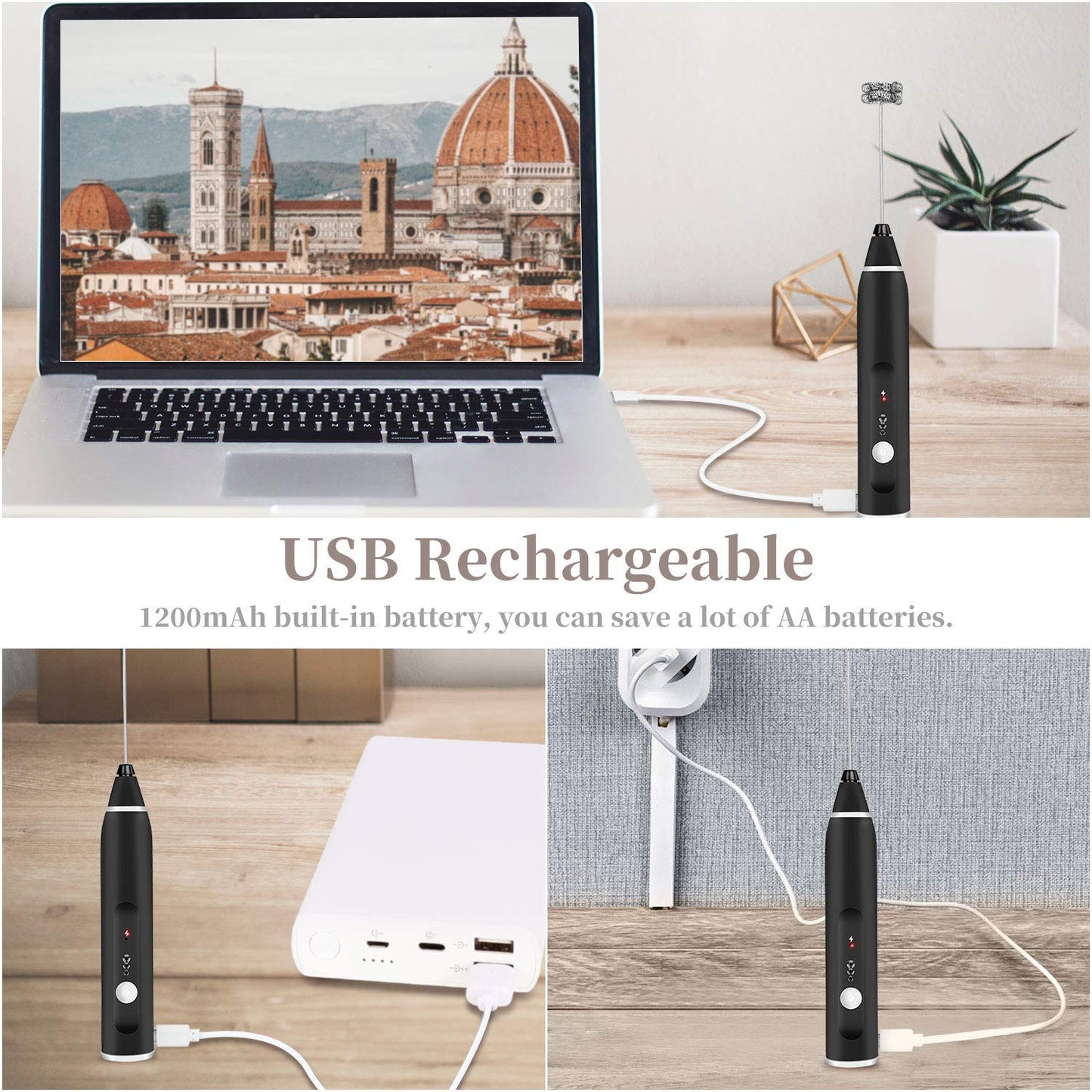 FLEXI MADHAV™ Milk Frother Handheld USB Rechargeable Electric Foam Maker for Coffee, Cappuccino, Egg Mix, 2 Whisks for Coffee, Frother.